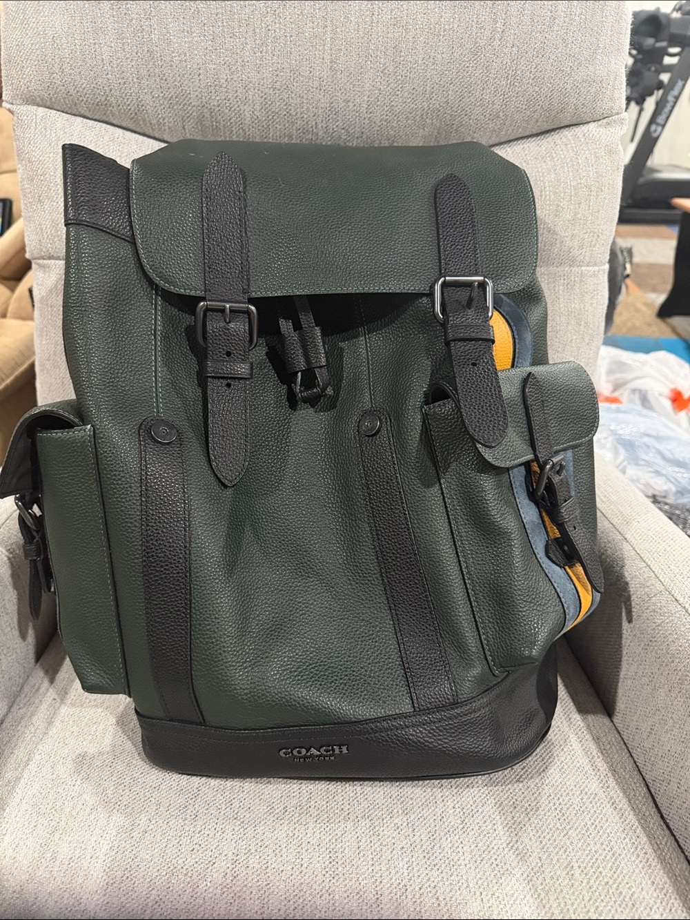 Coach Green & Black Leather Menโs Backpack with Yellow Accent